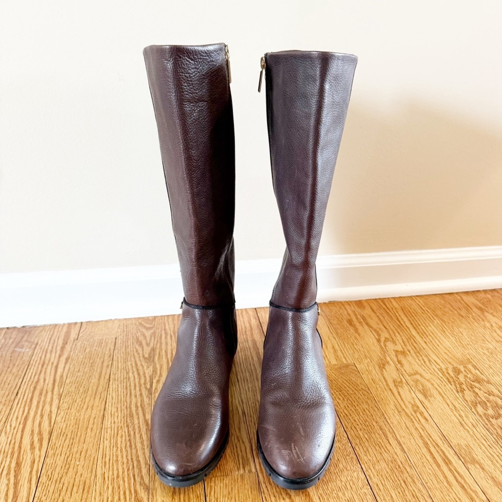 KARL LAGERFELD Seine Metal Pearl Embellished Knee-High Leather Boots Brown 8 - Picture 8 of 14